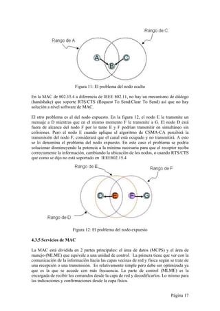 Página 17 
Figura 11: El problema del nodo oculto 
En la MAC de 802.15.4 a diferencia de IEEE 802.11, no hay un mecanismo de diálogo 
(handshake) que soporte RTS/CTS (Request To Send/Clear To Send) así que no hay 
solución a nivel software de MAC. 
El otro problema es el del nodo expuesto. En la figura 12, el nodo E le transmite un 
mensaje a D mientras que en el mismo momento F le transmite a G. El nodo D está 
fuera de alcance del nodo F por lo tanto E y F podrían transmitir en simultáneo sin 
colisiones. Pero el nodo E cuando aplique el algoritmo de CSMA-CA percibirá la 
transmisión del nodo F, considerará que el canal está ocupado y no transmitirá. A esto 
se lo denomina el problema del nodo expuesto. En este caso el problema se podría 
solucionar disminuyendo la potencia a la mínima necesaria para que el receptor reciba 
correctamente la información, cambiando la ubicación de los nodos, o usando RTS/CTS 
que como se dijo no está soportado en IEEE802.15.4 
Figura 12: El problema del nodo expuesto 
4.3.5 Servicios de MAC 
La MAC está dividida en 2 partes principales: el área de datos (MCPS) y el área de 
manejo (MLME) que equivale a una unidad de control. La primera tiene que ver con la 
comunicación de la información hacia las capas vecinas de red y física según se trate de 
una recepción o una transmisión. Es relativamente simple pero debe ser optimizada ya 
que es la que se accede con más frecuencia. La parte de control (MLME) es la 
encargada de recibir los comandos desde la capa de red y decodificarlos. Lo mismo para 
las indicaciones y confirmaciones desde la capa física. 
 