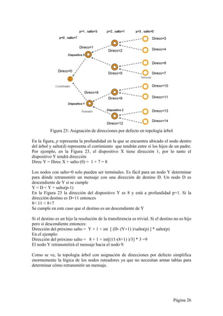 Página 26 
Figura 23: Asignación de direcciones por defecto en topología árbol 
En la figura, p representa la profundidad en la que se encuentra ubicado el nodo dentro 
del árbol y salto(d) representa el corrimiento que tendrán entre sí los hijos de un padre. 
Por ejemplo, en la Figura 23, el dispositivo X tiene dirección 1, por lo tanto el 
dispositivo Y tendrá dirección 
Direc Y = Direc X + salto (0) = 1 + 7 = 8 
Los nodos con salto=0 solo pueden ser terminales. Es fácil para un nodo Y determinar 
para dónde retransmitir un mensaje con una dirección de destino D. Un nodo D es 
descendiente de Y si se cumple 
Y < D < Y + salto(p-1) 
En la Figura 23 la dirección del dispositivo Y es 8 y está a profundidad p=1. Si la 
dirección destino es D=11 entonces 
8< 11 < 8+7 
Se cumple en este caso que el destino es un descendiente de Y 
Si el destino es un hijo la resolución de la transferencia es trivial. Si el destino no es hijo 
pero sí descendiente entonces: 
Dirección del próximo salto = Y + 1 + int [ (D- (Y+1) )/salto(p) ] * salto(p) 
En el ejemplo: 
Dirección del próximo salto = 8 + 1 + int[(11-(8+1) )/3] * 3 =9 
El nodo Y retransmitirá el mensaje hacia el nodo 9. 
Como se ve, la topología árbol con asignación de direcciones por defecto simplifica 
enormemente la lógica de los nodos ruteadores ya que no necesitan armar tablas para 
determinar cómo retransmitir un mensaje. 
 