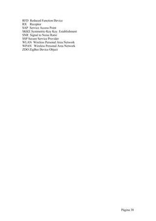 Página 38 
RFD Reduced Function Device 
RX Receptor 
SAP Service Access Point 
SKKE Symmetric-Key Key Establishment 
SNR Signal to Noise Ratio 
SSP Secure Service Provider 
WLAN Wireless Personal Area Network 
WPAN Wireless Personal Area Network 
ZDO ZigBee Device Object 
 
