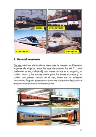 23
UT ELECTRICA
ELECTRICO ELECTRICO
DIESEL
2. Material remolcado
Coches: vehículos destinados al transporte de viajeros, mal llamados
vagones de viajeros, entre los que destacamos los de 2ª clase,
preferente, turista, club (AVE) para trenes diurnos en su mayoría; los
coches literas y los coches cama para los trenes expresos y los
coches que prestan servicio en el tren, como son los cafetería,
restaurante, furgones generadores y coches laboratorio dedicados al
ensayo y mantenimiento de instalaciones.
 