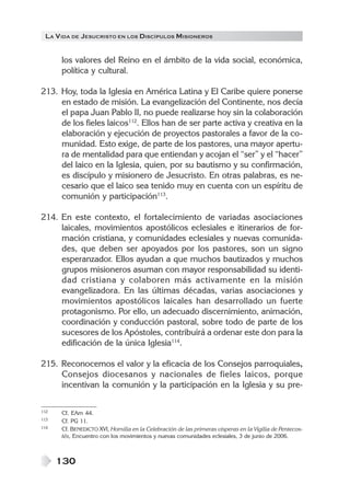 LA VIDA DE JESUCRISTO EN LOS DISCÍPULOS MISIONEROS
130
los valores del Reino en el ámbito de la vida social, económica,
política y cultural.
213. Hoy, toda la Iglesia en América Latina y El Caribe quiere ponerse
en estado de misión. La evangelización del Continente, nos decía
el papa Juan Pablo II, no puede realizarse hoy sin la colaboración
de los fieles laicos112
. Ellos han de ser parte activa y creativa en la
elaboración y ejecución de proyectos pastorales a favor de la co-
munidad. Esto exige, de parte de los pastores, una mayor apertu-
ra de mentalidad para que entiendan y acojan el “ser” y el “hacer”
del laico en la Iglesia, quien, por su bautismo y su confirmación,
es discípulo y misionero de Jesucristo. En otras palabras, es ne-
cesario que el laico sea tenido muy en cuenta con un espíritu de
comunión y participación113
.
214. En este contexto, el fortalecimiento de variadas asociaciones
laicales, movimientos apostólicos eclesiales e itinerarios de for-
mación cristiana, y comunidades eclesiales y nuevas comunida-
des, que deben ser apoyados por los pastores, son un signo
esperanzador. Ellos ayudan a que muchos bautizados y muchos
grupos misioneros asuman con mayor responsabilidad su identi-
dad cristiana y colaboren más activamente en la misión
evangelizadora. En las últimas décadas, varias asociaciones y
movimientos apostólicos laicales han desarrollado un fuerte
protagonismo. Por ello, un adecuado discernimiento, animación,
coordinación y conducción pastoral, sobre todo de parte de los
sucesores de los Apóstoles, contribuirá a ordenar este don para la
edificación de la única Iglesia114
.
215. Reconocemos el valor y la eficacia de los Consejos parroquiales,
Consejos diocesanos y nacionales de fieles laicos, porque
incentivan la comunión y la participación en la Iglesia y su pre-
112 Cf. EAm 44.
113 Cf. PG 11.
114 Cf. BENEDICTO XVI, Homilía en la Celebración de las primeras vísperas en la Vigilia de Pentecos-
tés, Encuentro con los movimientos y nuevas comunidades eclesiales, 3 de junio de 2006.
 