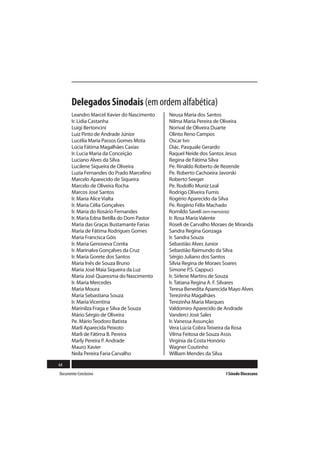Delegados Sinodais (em ordem alfabética)
       Leandro Marcel Xavier do Nascimento    Neusa Maria dos Santos
       Ir. Lidia Castanha                     Nilma Maria Pereira de Oliveira
       Luigi Bertoncini                       Norival de Oliveira Duarte
       Luiz Pinto de Andrade Júnior           Olinto Reno Campos
       Lucélia Maria Passos Gomes Mota        Oscar Ivo
       Lúcia Fátima Magalhães Caxias          Diác. Pasquale Gerardo
       Ir. Lucia Maria da Conceição           Raquel Neide dos Santos Jesus
       Luciano Alves da Silva                 Regina de Fátima Silva
       Lucilene Siqueira de Oliveira          Pe. Rinaldo Roberto de Rezende
       Luzia Fernandes do Prado Marcelino     Pe. Roberto Cachoeira Javorski
       Marcelo Aparecido de Siqueira          Roberto Seeger
       Marcelo de Oliveira Rocha              Pe. Rodolfo Muniz Leal
       Marcos José Santos                     Rodrigo Oliveira Fumis
       Ir. Maria Alice Vialta                 Rogério Aparecido da Silva
       Ir. Maria Célia Gonçalves              Pe. Rogério Félix Machado
       Ir. Maria do Rosário Fernandes         Romildo Saveli (em memória)
       Ir. Maria Edna Betilla do Dom Pastor   Ir. Rosa Maria Valente
       Maria das Graças Bustamante Farias     Roseli de Carvalho Moraes de Miranda
       Maria de Fátima Rodrigues Gomes        Sandra Regina Gonzaga
       Maria Francisca Góis                   Ir. Sandra Souza
       Ir. Maria Genoveva Corrêa              Sebastião Alves Junior
       Ir. Marinalva Gonçalves da Cruz        Sebastião Raimundo da Silva
       Ir. Maria Gorete dos Santos            Sérgio Juliano dos Santos
       Maria Inês de Souza Bruno              Sílvia Regina de Moraes Soares
       Maria José Maia Siqueira da Luz        Simone P.S. Cappuci
       Maria José Quaresma do Nascimento      Ir. Sirlene Martins de Souza
       Ir. Maria Mercedes                     Ir. Tatiana Regina A. F. Silvares
       Maria Moura                            Teresa Benedita Aparecida Mayo Alves
       Maria Sebastiana Souza                 Terezinha Magalhães
       Ir. Maria Vicentina                    Terezinha Maria Marques
       Marinilza Fraga e Silva de Souza       Valdomiro Aparecido de Andrade
       Mário Sérgio de Oliveira               Vanderci José Sales
       Pe. Mário Teodoro Batista              Ir. Vanessa Assunção
       Marli Aparecida Peixoto                Vera Lúcia Cobra Teixeira da Rosa
       Marli de Fátima B. Pereira             Vilma Feitosa de Souza Assis
       Marly Pereira P. Andrade               Virgínia da Costa Honório
       Mauro Xavier                           Wagner Coutinho
       Neila Pereira Faria Carvalho           William Mendes da Silva

64
Documento Conclusivo                                                  I Sínodo Diocesano
 
