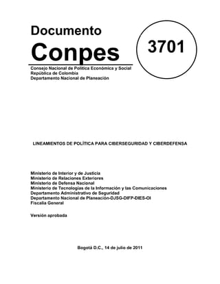 Documento Conpes 3701 2011 colombia políticas ciberseguridad