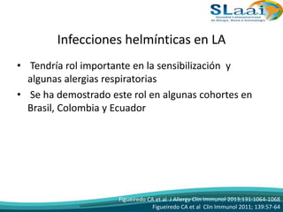 Infecciones helmínticas en LA
• Tendría rol importante en la sensibilización y
algunas alergias respiratorias
• Se ha demostrado este rol en algunas cohortes en
Brasil, Colombia y Ecuador
Figueiredo CA et al J Allergy Clin Immunol 2013;131:1064-1068
Figueiredo CA et al Clin Immunol 2011; 139:57-64
 
