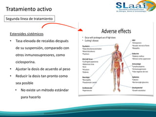 Esteroides sistémicos
• Tasa elevada de recaídas después
de su suspensión, comparado con
otros inmunosupresores, como
ciclosporina.
• Ajustar la dosis de acuerdo al peso
• Reducir la dosis tan pronto como
sea posible
• No existe un método estándar
para hacerlo
Tratamiento activo
Segunda línea de tratamiento
 