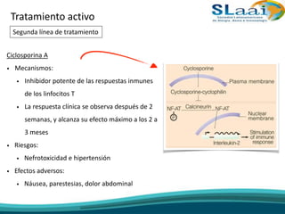 Ciclosporina A
• Mecanismos:
• Inhibidor potente de las respuestas inmunes
de los linfocitos T
• La respuesta clínica se observa después de 2
semanas, y alcanza su efecto máximo a los 2 a
3 meses
• Riesgos:
• Nefrotoxicidad e hipertensión
• Efectos adversos:
• Náusea, parestesias, dolor abdominal
Tratamiento activo
Segunda línea de tratamiento
 