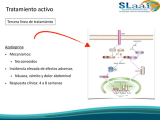 Azatioprina
• Mecanismos:
• No conocidos
• Incidencia elevada de efectos adversos
• Náusea, vómito y dolor abdominal
• Respuesta clínica: 4 a 8 semanas
Tratamiento activo
Tercera línea de tratamiento
 