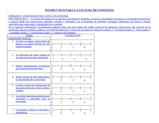 INSTRUCTIVO PARA LA LECTURA DE CONTEXTO

DIRIGIDO A: COMUNIDAD EDUCATIVA EN GENERAL
RECUERDA QUE… La lectura de contexto es un ejercicio investigativo mediante el cual las comunidades reconocen y comprenden un territorio
o espacio desde sus interacciones naturales, sociales y culturales, con el propósito de formular estrategias educativas que lleven a formar
individuos más conscientes y apropiados de su realidad.
En el siguiente instrumento, encontraremos algunos ítems que dan cuenta del estado actual de las diferentes dimensiones del contexto de la
institución educativa donde se labora, con el fin de calificarlos a través de una línea de valoración, donde: 5 = excelente estado; 4 = buen estado; 3
= aceptable estado; 2 = insuficiente estado; 1 = carencia del elemento.
                  ÍTEM                                      VALORACIÓN
DIMENSIÓN SOCIAL
   1. El sector es seguro, existe puesto de
      policía y se puede transitar de una
      manera tranquila.                     1         2            3           4
                                             5
   2. Los habitantes del sector reflejan en
      sus relaciones una sana convivencia. 1          22           33          44
                                             1
                                             5
   3. Existen organizaciones comunitarias
      que apoyan el desarrollo local.     11          22           33          44
                                             5
   4. Existen centros de salud adecuados a
      las necesidades de la comunidad.     11         22           33          44
                                             5
   5. El sector cuenta con instituciones de
      educación preescolar, básica, media y
      superior.                             11        22           33          44
                                             5
   6. Los centros deportivos existentes son
      suficientes y adecuados para la
      comunidad.                            11        22           33          44
                                             5
   7. El transporte urbano es adecuado y
      permanente.                        11           22           33          44
                                             5
 