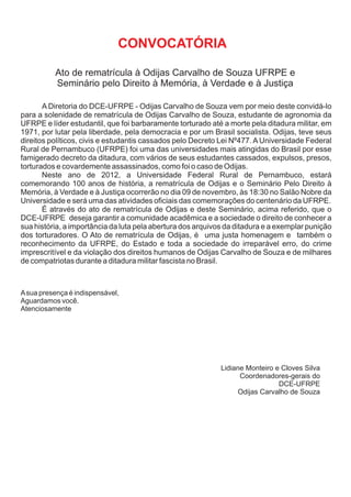 Documento convocatória para o ato de rematrícula de odijas carvallho na ufrpe em 09 de nov 2012