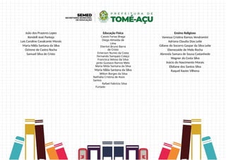 João dos Prazeres Lopes
Kendell José Pantoja
Laís Caroline Cavalcante Morais
Maria Nilda Santana da Silva
Ozirene de Castro Rocha
Samuel Silva de Cristo
Educação Física
Cassio Farias Braga
Diego Almeida de
Lima
Elierlon Bruno Barra
de Cristo
Emerson Nunes da Costa
Fernando Sampaio Colaço
Francisca Veloso da Silva
pinto Gustavo Ramos Melo
Maria Nilda Santana da Silva
Maria Nilda Santana da Silva
Milton Borges da Silva
Nathalia Cristina de Assis
Santos
Rafael Fabrício Silva
Furtado
Ensino Religioso
Vanessa Cristina Ramos Vendramini
Adriana Claudia Dias Leite
Giliane do Socorro Gaspar da Silva Leite
Ebenezaide de Melo Rocha
Abrenda Samara de Sousa Castanhede
Wagner da Costa Silva
Inácio do Nascimento Morais
Elidiane dos Santos Silva
Raquel Xavier Vilhena
 