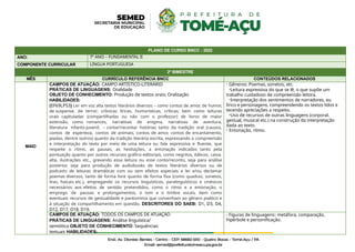 PLANO DE CURSO BNCC - 2022
ANO: 7º ANO – FUNDAMENTAL II
COMPONENTE CURRICULAR LÍNGUA PORTUGUESA
2º BIMESTRE
MÊS CURRÍCULO REFERÊNCIA BNCC CONTEÚDOS RELACIONADOS
MAIO
CAMPOS DE ATUAÇÃO: CAMPO ARTÍSTICO-LITERÁRIO
PRÁTICAS DE LINGUAGENS: Oralidade
OBJETO DE CONHECIMENTO: Produção de textos orais; Oralização
HABILIDADES:
(EF69LP53) Ler em voz alta textos literários diversos – como contos de amor, de humor,
de suspense, de terror; crônicas líricas, humorísticas, críticas; bem como leituras
orais capituladas (compartilhadas ou não com o professor) de livros de maior
extensão, como romances, narrativas de enigma, narrativas de aventura,
literatura infanto-juvenil, – contar/recontar histórias tanto da tradição oral (causos,
contos de esperteza, contos de animais, contos de amor, contos de encantamento,
piadas, dentre outros) quanto da tradição literária escrita, expressando a compreensão
e interpretação do texto por meio de uma leitura ou fala expressiva e fluente, que
respeite o ritmo, as pausas, as hesitações, a entonação indicados tanto pela
pontuação quanto por outros recursos gráfico-editoriais, como negritos, itálicos, caixa-
alta, ilustrações etc., gravando essa leitura ou esse conto/reconto, seja para análise
posterior, seja para produção de audiobooks de textos literários diversos ou de
podcasts de leituras dramáticas com ou sem efeitos especiais e ler e/ou declamar
poemas diversos, tanto de forma livre quanto de forma fixa (como quadras, sonetos,
liras, haicais etc.), empregando os recursos linguísticos, paralinguísticos e cinésicos
necessários aos efeitos de sentido pretendidos, como o ritmo e a entonação, o
emprego de pausas e prolongamentos, o tom e o timbre vocais, bem como
eventuais recursos de gestualidade e pantomima que convenham ao gênero poético e
à situação de compartilhamento em questão. DESCRITORES DO SAEB: D1, D3, D4,
D12, D17, D18. D19.
- Gêneros: Poemas, sonetos, etc.
-Leitura expressiva do que se lê, o que supõe um
trabalho cuidadoso de compreensão leitora.
-Interpretação dos sentimentos de narradores, eu
lírico e personagens, compreendendo os textos lidos e
tecendo apreciações a respeito.
-Uso de recursos de outras linguagens (corporal,
gestual, musical etc.) na construção da interpretação
dada ao texto.
- Entonação, ritmo.
CAMPOS DE ATUAÇÃO: TODOS OS CAMPOS DE ATUAÇÃO
PRÁTICAS DE LINGUAGENS: Análise linguística/
semiótica OBJETO DE CONHECIMENTO: Sequências
textuais HABILIDADES:
- Figuras de linguagens: metáfora, comparação,
hipérbole e personificação.
 