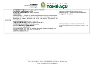 SETEMBRO
CAMPOS DE ATUAÇÃO: CAMPO JORNALÍSTICO/MIDIÁTICO
PRÁTICAS DE LINGUAGENS: Leitura
OBJETO DE CONHECIMENTO: Efeitos de sentido
HABILIDADES:
(EF69LP05) Inferir e justificar, em textos multissemióticos (tirinhas, charges, memes,
gifs etc.) o efeito de humor, ironia e/ou crítica pelo uso ambíguo de palavras,
expressões ou imagens ambíguas, de clichês, de recursos iconográficos, de
pontuação, etc.
DESCRITORES DO SAEB: D16, D17, D18, D19
- Gêneros: tirinhas, charges, memes, gifs etc
- Intertextualidade e interdiscursividade entre textos.
- Ambiguidade das palavras
CAMPOS DE ATUAÇÃO: TODOS OS CAMPOS DE ATUAÇÃO
PRÁTICAS DE LINGUAGENS: Análise linguística/
semiótica OBJETO DE CONHECIMENTO:
Léxico/morfologia HABILIDADES:
(EF07LP03) Formar, com base em palavras primitivas, palavras derivadas com
os prefixos e sufixos mais produtivos no português.
DESCRITORES DO SAEB: D19
- Compreensão dos processos derivacionais de
formação das palavras, uso adequado de prefixos e de
sufixos.
 