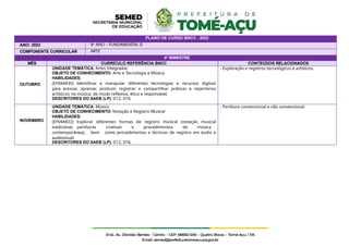 PLANO DE CURSO BNCC - 2022
ANO: 2022 9º ANO – FUNDAMENTAL II
COMPONENTE CURRICULAR ARTE
4º BIMESTRE
MÊS CURRÍCULO REFERÊNCIA BNCC CONTEÚDOS RELACIONADOS
OUTUBRO
UNIDADE TEMÁTICA: Artes Integradas
OBJETO DE CONHECIMENTO: Arte e Tecnologia e Música
HABILIDADES:
(EF69AR35) Identificar e manipular diferentes tecnologias e recursos digitais
para acessar, apreciar, produzir, registrar e compartilhar práticas e repertórios
artísticos na música, de modo reflexivo, ético e responsável.
DESCRITORES DO SAEB (LP): D12, D16
- Exploração e registros tecnológicos e artísticos.
NOVEMBRO
UNIDADE TEMÁTICA: Música
OBJETO DE CONHECIMENTO: Notação e Registro Musical
HABILIDADES:
(EF69AR22) Explorar diferentes formas de registro musical (notação musical
tradicional, partituras criativas e procedimentos da música
contemporânea), bem como procedimentos e técnicas de registro em áudio e
audiovisual.
DESCRITORES DO SAEB (LP): D12, D16.
- Partitura convencional e não convencional.
 