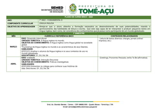 PLANO DE CURSO BNCC - 2022
ANO: 7° ANO – FUNDAMENTAL II
COMPONENTE CURRICULAR LÍNGUA INGLESA
OBJETIVO DE APRENDIZAGEM Almeja-se que o aluno obtenha a formação necessária ao desenvolvimento de suas potencialidades, visando o
aprimoramento das habilidades de leitura e escrita. Que este seja capaz de ler interpretar e produzir pequenos textos em
Língua inglesa, bem como, ter consciência dos conhecimentos que já possui como participante de um mundo globalizado.
1º BIMESTRE
MÊS CURRÍCULO REFERÊNCIA BNCC CONTEÚDOS RELACIONADOS
MARÇO
EIXO: Dimensão intercultural
UNIDADE TEMÁTICA: A língua inglesa no mundo.
OBJETOS DO CONHECIMENTO: A língua inglesa como língua global na sociedade
global.
*A presença da língua inglesa no mundo e as características de seus falantes.
HABILIDADE:
(EF07LI21) Analisar o alcance da língua inglesa e os seus contextos de uso no
mundo globalizado.
DESCRITORES: D1, D3, D4, D6
- Leitura de textos diversos: charges, jornais online/
impresso, etc.)
ABRIL
EIXO: oralidade
UNIDADE TEMÁTICA: Interação Discursiva
OBJETOS DO CONHECIMENTO: Práticas investigativas
HABILIDADES:
(EF07LI02) Entrevistar os colegas para conhecer suas histórias de
vida. Descritores: D1, D3, D4, D6
- Greetings; Pronomes Pessoais; verbo To Be (afirmativa).
 