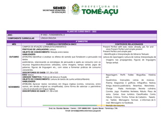 PLANO DE CURSO BNCC - 2022
ANO: 9º ANO – FUNDAMENTAL II
COMPONENTE CURRICULAR LINGUA INGLESA
4º BIMESTRE
MÊS CURRÍCULO REFERÊNCIA BNCC CONTEÚDOS RELACIONADOS
OUTUBRO
CAMPOS DE ATUAÇÃO: JORNALÍSTICO/MIDIÁTICO
PRÁTICAS DE LINGUAGENS: Leitura
OBJETO DE CONHECIMENTO: Relação entre textos
HABILIDADES:
(EF09LP05) Identificar e analisar os efeitos de sentido que fortalecem a persuasão nos
textos
publicitários, relacionando as estratégias de persuasão e apelo ao consumo com os
recursos linguístico-discursivos utilizados, como imagens, tempo verbal, jogos de
palavras, figuras de linguagem etc., com vistas a fomentar práticas de consumo
conscientes.
DESCRITORES DO SAEB: D7, D8 e D20
Present Perfect with ever, never, already, yet, for and
since Present Perfect and simple present
Present Perfect and simple past
- Identificação e Interpretação de Gêneros Textuais:
Leitura de reportagem; Leitura de notícia; Interpretação de
imagens nas propagandas; Figuras de linguagem;
Tempo verbal.
NOVEMBRO
EIXO: leitura
UNIDADE TEMÁTICA: Práticas de leitura e fruição
OBJETO DO CONHECIMENTO: Leitura de textos de cunho artístico/literário
HABILIDADES:
(EF08LI06) Apreciar textos narrativos em língua inglesa (contos, romances, entre
outros, em versão original ou simplificada), como forma de valorizar o patrimônio
cultural produzido em língua inglesa.
DESCRITORES DO SAEB: D7, D8 e D20
Reportagem. Perfil. Folder. Biografias. História
em
Quadrinhos. Instruções. Letras de músicas.
Poema. Diagramas e gráficos. Infográfico. Notícia.
Artigo. Anúncio publicitário. Resenhas. Manchetes.
Charge. Piada. Horóscopo. Receita culinária.
Convite. Jogo. Provérbio. Verbetes. Rótulo. Placa de
aviso. Cartaz. Guia turístico. Classificados. Conto.
Fábula. Crônica. Tirinha. Fichas de Cadastro. Tweets
no Twitter, Mensagens formais e informais de E-
mail. Mensagens no Facebook.
Revisão dos assuntos
 
