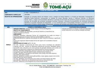 PLANO DE CURSO BNCC - 2022
ANO: 6º ANO – FUNDAMENTAL II
COMPONENTE CURRICULAR HISTÓRIA
OBJETIVO DE APRENDIZAGEM Entender os conceitos básicos de História, como a relação do tempo histórico e a função do Historiador; Compreender e
identificar fontes históricas; compreender as medidas do tempo (décadas, séculos e milênios); Entender as diferentes
teorias sobre a origem da humanidade; Identificar os períodos de formação dos primeiros grupos humanos; Compreender o
processo de formação das primeiras sociedades humanas; Entender o processo de povoamento do continente americano;
Identificar as grandes civilizações da antiguidade e a sua contribuição para a humanidade; Entender os conceitos de direito e
democracia na Grécia e Roma Antiga; Compreender o processo de transição entre Idade Antiga e Idade Média.
1º BIMESTRE
MÊS CURRÍCULO REFERÊNCIA BNCC CONTEÚDOS RELACIONADOS
MARÇO
UNIDADE TEMÁTICA: História: Tempo, Espaço e Formas de Registros.
OBJETO DE CONHECIMENTO:
Conhecer o trabalho do Historiador, a escrita da História e a importância do
Tempo no estudo da História.
HABILIDADES:
(EF06HI01) Identificar diferentes formas de compreensão da noção de tempo e
de periodização dos processos históricos (continuidades e rupturas).
(EF06HI02) Identificar a gênese da produção do saber histórico e analisar o significado
das
fontes que originaram determinadas formas de registro em sociedades e épocas
distintas.
DESCRITORES DO SAEB: LP D1, D5, D6
D21 (HI) - Associar o nascimento de Cristo como marco cronológico do calendário
ocidental. D22 (HI) - Associar as diferentes preferências (musicais, atividades lúdicas,
expressões orais, vestuários, etc.) entre pessoas de gerações distintas como sendo um
aspecto que demonstra mudanças de comportamento em termos históricos.
D24 (HI) - Identificar fotografias, pinturas e gravuras como sendo fontes
iconográficas que registram determinados acontecimentos históricos.
D25(HI) - Identificar a certidão de nascimento como sendo uma fonte histórica
documental da vida do aluno.
D26 (HI) - Identificar as várias construções (prédios, casas, igrejas, praças) como sendo
fonte histórica da cultura material.
D27 (HI) - Identificar uma entrevista como sendo uma fonte histórica de relato
oral. D28 (HI) - Diferenciar um documento escrito de um documento oral.
D29 (HI) - Diferenciar uma fotografia de um documento escrito.
- Estudo da História e o Tempo: O ofício do Historiador,
Fontes Históricas e as Formas de medição do tempo.
 