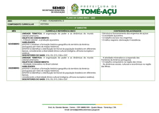 PLANO DE CURSO BNCC - 2022
ANO: 7º ANO – FUNDAMENTAL II
COMPONENTE CURRICULAR HISTÓRIA
4º BIMESTRE
MÊS CURRÍCULO REFERÊNCIA BNCC CONTEÚDOS RELACIONADOS
NOVEMBRO
UNIDADE TEMÁTICA: A organização do poder e as dinâmicas do mundo
colonial americano.
OBJETO DE CONHECIMENTO:
- O Brasil colonial - a produção açucareira.
HABILIDADES:
(EF07HI11) Analisar a formação histórico-geográfica do território da América
portuguesa por meio de mapas históricos.
(EF07HI12) Identificar a distribuição territorial da população brasileira em diferentes
épocas, considerando a diversidade étnico-cultural (indígena, africana europeia e
asiática).
DESCRITORES DO SAEB: D16, D5, D15, D36 e D37
- Estrutura e funcionamento dos engenhos de açúcar.
- A sociedade açucareira.
- O trabalho escravo nos engenhos.
- O tráfico negreiro: dominação X resistência.
DEZEMBRO
UNIDADE TEMÁTICA: A organização do poder e as dinâmicas do mundo
colonial americano.
OBJETO DE CONHECIMENTO:
- Atividade mineradora no Brasil colonial.
HABILIDADES:
(EF07HI11) Analisar a formação histórico-geográfica do território da América
portuguesa por meio de mapas históricos.
(EF07HI12) Identificar a distribuição territorial da população brasileira em diferentes
épocas,
considerando a diversidade étnico-cultural (indígena, africana europeia e asiática).
DESCRITORES DO SAEB: D16, D5, D15, D36 e D37
-A atividade mineradora e a expansão das
fronteiras da América portuguesa.
- O trabalho compulsório na região das minas.
-As dinâmicas sociais, culturais e econômicas na região
das Minas.
 