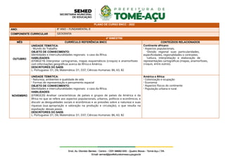 PLANO DE CURSO BNCC - 2022
ANO: 8º ANO – FUNDAMENTAL II
COMPONENTE CURRICULAR GEOGRAFIA
4º BIMESTRE
MÊS CURRÍCULO REFERÊNCIA BNCC CONTEÚDOS RELACIONADOS
OUTUBRO
UNIDADE TEMÁTICA:
- Mundo do Trabalho
OBJETO DE CONHECIMENTO:
Identidades e interculturalidades regionais: o caso da África.
HABILIDADES:
(EF08GE19) Interpretar cartogramas, mapas esquemáticos (croquis) e anamorfoses
com informações geográficas acerca da África e América.
DESCRITORES DO SAEB:
L. Portuguesa: D1, D6; Matemática: D1, D37; Ciências Humanas: B6, A3, B2
Continente africano:
- Aspectos populacionais,
-Divisão regional suas particularidades,
especificidades, regionalidades e contrastes.
-Leitura, interpretação e elaboração de
representações cartográficas (mapas, anamorfoses,
croquis, entre outros).
NOVEMBRO
UNIDADE TEMÁTICA:
- Natureza, ambientes e qualidade de vida
- Formas de representação e pensamento espacial
OBJETO DE CONHECIMENTO:
Identidades e interculturalidades regionais: o caso da África.
HABILIDADES:
(EF08GE20) Analisar características de países e grupos de países da América e da
África no que se refere aos aspectos populacionais, urbanos, políticos e econômicos, e
discutir as desigualdades sociais e econômicas e as pressões sobre a natureza e suas
riquezas (sua apropriação e valoração na produção e circulação), o que resulta na
espoliação desses povos.
DESCRITORES DO SAEB:
L. Portuguesa: D1, D6; Matemática: D1, D37; Ciências Humanas: B6, A3, B2
América e África:
- Colonização e ocupação
- Economia
- Aspectos físicos do continente
- População urbana e rural.
 