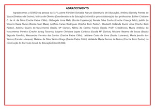 AGRADECIMENTO
Agradecemos a SEMED na pessoa da Sr.ª Luciene Pancieri Donadia Naruse (Secretária de Educação), Antônia Daniely Pontes de
Souza (Diretora de Ensino), Márcia de Oliveira (Coordenadora da Educação Infantil) e pela colaboração das professoras Esther Cristiane
C. de A. da Silva (Creche Padre Célio), Elizângela Lima Melo (Escola Esperança), Renata Silva Cunha (Creche Criança Feliz), Judith do
Socorro Viana Nunes (Escola Nair Maia), Antônia Farias Rodrigues (Creche Bom Pastor), Elizabeth Holanda Izumi Lima (Creche Bom
Pastor), Adelina Soares do Nascimento (Escola Mª Clarice), Nilma do Carmo Franco (Escola Prof.º Crescêncio), Maria Antônia do
Nascimento Pereira (Creche Juracy Tavares), Loyane Christina Lopes Cardoso (Escola Mª Clarice), Miciane Bezerra de Sousa (Escola
Sagrada Família), Alessandra Ferreira dos Santos (Creche Padre Célio), Leidiane Costa de Lima (Escola Luterana), Maria Jesuila dos
Santos (Escola Luterana), Maiane da Silva Santos Braga (Escola Padre Célio), Aldaleda Maria Gomes de Matos (Creche Bom Pastor) na
construção do Currículo Anual da Educação Infantil 2022.
 