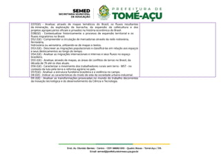 D37(GE) - Analisar, através de mapas temáticos do Brasil, os fluxos resultantes
da mineração, da exploração da borracha, da expansão da cafeicultura e dos
projetos agropecuários oficiais e privados na história econômica do Brasil.
D38(GE) - Contextualizar historicamente o processo de expansão territorial e os
fluxos migratórios no Brasil.
D52 (GE) - Compreender a circulação de mercadorias através da rede rodoviária,
ferroviária,
hidroviária ou aeroviária, utilizando-se de mapas e textos.
D53 (GE) - Descrever as migrações populacionais e classificá-las em relação aos espaços
e seus deslocamentos ao longo do tempo.
D54 (GE) - Analisar as migrações internacionais e internas e seus fluxos no espaço
brasileiro.
D55 (GE) - Analisar, através de mapas, as áreas de conflitos de terras no Brasil, da
década de 70 até os dias atuais.
D56 (GE) - Caracterizar o movimento dos trabalhadores rurais sem terra - MST - no
contexto da luta pela terra e reforma agrária no país.
D57(GE) - Analisar a estrutura fundiária brasileira e a violência no campo.
D8 (GE) - Indicar as características do modo de vida da sociedade urbano-industrial.
D9 (GE) - Analisar as transformações provocadas no mundo do trabalho decorrentes
da inovação tecnológica e do desenvolvimento da Ciência e Tecnologia.
 