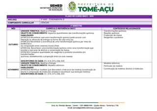 PLANO DE CURSO BNCC - 2022
ANO:2022 9º ANO – FUNDAMENTAL II
COMPONENTE CURRICULAR CIÊNCIAS
4º BIMESTRE
MÊS CURRÍCULO REFERÊNCIA BNCC CONTEÚDOS RELACIONADOS
OUTUBRO
UNIDADE TEMÁTICA: Matéria e Energia
OBJETO DE CONHECIMENTO: Aspectos quantitativos das transformações químicas
HABILIDADES:
(EF09CI23) Reconhecer que uma transformação química pode ocorrer com
liberação ou absorção de energia na forma de calor e/ou luz.
(EF09CI22) Reconhecer a ocorrência de uma transformação química por meio de
evidências e
da comparação entre sistemas inicial e final.
(EF09CI24). Reconhecer uma transformação química como uma transformação que
envolve o rearranjo de átomos e conservação da massa.
(EF09CI02) Comparar quantidades de reagentes e produtos envolvidos em
transformações
químicas, estabelecendo a proporção entre as suas massas.
DESCRITORES DO SAEB: D1, D14, D15, D36, D37.
- Transformações químicas
- Reações químicas
- Proporção de massa
- Reagentes e produtos
NOVEMBRO
UNIDADE TEMÁTICA: Matéria e Energia
OBJETO DE CONHECIMENTO: Modelos atômicos
HABILIDADES:
(EF09CI03) Identificar modelos que descrevem a estrutura da matéria (constituição do
átomo e composição de moléculas simples) e reconhecer sua evolução histórica
DESCRITORES DO SAEB: D1, D14, D15, D36, D37.
- Modelos atômicos
- Partículas da matéria
- Constituição da matéria: átomos e moléculas
 