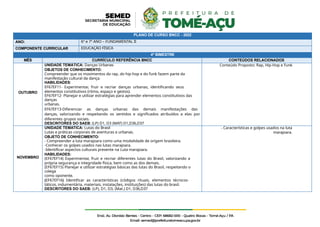 PLANO DE CURSO BNCC - 2022
ANO: 6º e 7º ANO – FUNDAMENTAL II
COMPONENTE CURRICULAR EDUCAÇÃO FÍSICA
4º BIMESTRE
MÊS CURRÍCULO REFERÊNCIA BNCC CONTEÚDOS RELACIONADOS
OUTUBRO
UNIDADE TEMÁTICA: Danças Urbanas
OBJETOS DE CONHECIMENTO:
Compreender que os movimentos do rap, do hip-hop e do funk fazem parte da
manifestação cultural da dança.
HABILIDADES:
EF67EF11- Experimentar, fruir e recriar danças urbanas, identificando seus
elementos constitutivos (ritmo, espaço e gestos).
EF67EF12- Planejar e utilizar estratégias para aprender elementos constitutivos das
danças
urbanas.
EF67EF13-Diferenciar as danças urbanas das demais manifestações das
danças, valorizando e respeitando os sentidos e significados atribuídos a elas por
diferentes grupos sociais.
DESCRITORES DO SAEB: (LP) D1, D3 (MAT) D1,D36,D37
Conteúdo Proposto: Rap, Hip-Hop e Funk
NOVEMBRO
UNIDADE TEMATICA: Lutas do Brasil
Lutas e práticas corporais de aventuras e urbanas.
OBJETO DE CONHECIMENTO:
- Compreender a luta marajoara como uma modalidade de origem brasileira.
-Conhecer os golpes usados nas lutas marajoara.
-Identificar aspectos culturais presente na Luta marajoara.
HABILIDADES:
(EF67EF14) Experimentar, fruir e recriar diferentes lutas do Brasil, valorizando a
própria segurança e integridade física, bem como as dos demais.
(EF67EF15) Planejar e utilizar estratégias básicas das lutas do Brasil, respeitando o
colega
como oponente.
(EF67EF16) Identificar as características (códigos rituais, elementos técnicos-
táticos, indumentária, materiais, instalações, instituições) das lutas do brasil.
DESCRITORES DO SAEB: (LP), D1, D3, (Mat.) D1, D36,D37
- Características e golpes usados na luta
marajoara.
 