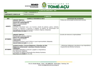 PLANO DE CURSO BNCC - 2022
ANO: 7º ANO – FUNDAMENTAL II
COMPONENTE CURRICULAR ENSINO RELIGIOSO
3º BIMESTRE
MÊS CURRÍCULO REFERÊNCIA BNCC CONTEÚDOS RELACIONADOS
AGOSTO
UNIDADE TEMÁTICA:
Manifestações culturais e religiosas
OBJETO DE CONHECIMENTO:
Místicas e espiritualidades
HABILIDADES
(EF07ER01) Reconhecer que o ser humano, através de palavras, gestos, símbolos,
músicas, se expressa e comunica e respeitar as práticas de comunicação com
divindades em distintas manifestações e tradições religiosas. (Adaptada)
DESCRITORES DO SAEB: D3, D5, D6
- Práticas de comunicação humana (oral e escrita).
SETEMBRO
UNIDADE TEMÁTICA:
Manifestações culturais e religiosas
OBJETO DE CONHECIMENTO:
Místicas e espiritualidades
HABILIDADES:
(EF07ER02) Conceituar o que é mística e o que é espiritualidade. (Adaptada)
DESCRITORES DO SAEB: D3, D5, D6
Conceito de misticismo e espiritualidade.
SETEMBRO
Unidade temática: Crenças Religiosas e Filosofias de Vida.
Objeto de conhecimento: Liderança e Direitos Humanos
Habilidades:
(EF07ER07) Identificar, e discutir o papel e a importância
das lideranças religiosas
e seculares na defesa e promoção dos direitos humanos
Descritores do SAEB:D3, D5, D6.
- Lideranças religiosas e seculares e sua importância
na garantia dos direitos humanos.
 