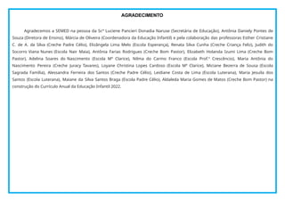 AGRADECIMENTO
Agradecemos a SEMED na pessoa da Sr.ª Luciene Pancieri Donadia Naruse (Secretária de Educação), Antônia Daniely Pontes de
Souza (Diretora de Ensino), Márcia de Oliveira (Coordenadora da Educação Infantil) e pela colaboração das professoras Esther Cristiane
C. de A. da Silva (Creche Padre Célio), Elizângela Lima Melo (Escola Esperança), Renata Silva Cunha (Creche Criança Feliz), Judith do
Socorro Viana Nunes (Escola Nair Maia), Antônia Farias Rodrigues (Creche Bom Pastor), Elizabeth Holanda Izumi Lima (Creche Bom
Pastor), Adelina Soares do Nascimento (Escola Mª Clarice), Nilma do Carmo Franco (Escola Prof.º Crescêncio), Maria Antônia do
Nascimento Pereira (Creche Juracy Tavares), Loyane Christina Lopes Cardoso (Escola Mª Clarice), Miciane Bezerra de Sousa (Escola
Sagrada Família), Alessandra Ferreira dos Santos (Creche Padre Célio), Leidiane Costa de Lima (Escola Luterana), Maria Jesuila dos
Santos (Escola Luterana), Maiane da Silva Santos Braga (Escola Padre Célio), Aldaleda Maria Gomes de Matos (Creche Bom Pastor) na
construção do Currículo Anual da Educação Infantil 2022.
 