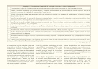 170
Quadro 15 – Competências Específicas de Educação Física para o Ensino Fundamental
1 Compreender a origem da cultura corporal de movimento e seus vínculos com a organização da vida coletiva e individual.
2
Planejar e empregar estratégias para resolver desafios e aumentar as possibilidades de aprendizagem das práticas corporais, além de se
envolver no processo de ampliação do acervo cultural nesse campo.
3
Refletir, criticamente, sobre as relações entre a realização das práticas corporais e os processos de saúde/doença, inclusive no contexto
das atividades laborais.
4
Identificar a multiplicidade de padrões de desempenho, saúde, beleza e estética corporal, analisando, criticamente, os modelos disse-
minados na mídia e discutir posturas consumistas e preconceituosas.
5
Identificar as formas de produção dos preconceitos, compreender seus efeitos e combater posicionamentos discriminatórios em relação
às práticas corporais e aos seus participantes.
6
Interpretar e recriar os valores, os sentidos e os significados atribuídos às diferentes práticas corporais, bem como aos sujeitos que delas
participam.
7 Reconhecer as práticas corporais como elementos constitutivos da identidade cultural dos povos e grupos.
8
Usufruir das práticas corporais de forma autônoma para potencializar o envolvimento em contextos de lazer, ampliar as redes de socia-
bilidade e a promoção da saúde.
9
Reconhecer o acesso às práticas corporais como direito do cidadão, propondo e produzindo alternativas para sua realização no contexto
comunitário.
10
Experimentar, desfrutar, apreciar e criar diferentes brincadeiras, jogos, danças, ginásticas, esportes, lutas e práticas corporais de aven-
tura, valorizando o trabalho coletivo e o protagonismo.
Fonte: BNCC, BRASIL, 2017, p. 221.
O componente curricular Educação Física está
organizado em unidades temáticas, objetos de
conhecimento, conteúdos e habilidades, visando
a democratização do acesso das diversidades e
manifestações da cultura corporal, por meio de
vivências significativas, valorizando os diversos
conhecimentos historicamente acumulados que
são essenciais para a compreensão da própria
prática, apreensão crítica e reflexiva, com vistas
à superação e transformação por parte de todos
os envolvidos no processo: comunidade, institui-
ção escolar, professor e estudante.
O DC-GO Ampliado, respeitando os limites
e possibilidades postos pela BNCC, na sua
construção coletiva, reorganizou e ampliou
unidades temáticas, objetos de conhecimen-
to, conteúdos e habilidades, para contemplar
práticas consideradas essenciais.
Com o objetivo de garantir a continuidade
do processo ensino-aprendizagem, este Do-
cumento procura enfatizar a importância das
transições: Educação Infantil/Anos Iniciais e
Anos Iniciais/Anos Finais do Ensino Funda-
mental, apresentando uma sequência nesse
processo ao longo dos anos escolares, contu-
do, sem deixar de considerar a possibilidade
de inserção de conteúdos específicos de acor-
do com as realidades, possibilidades e anseios
das comunidades escolares.
Referindo-se, ainda, à organização deste com-
ponente, optou-se por desmembrar os quatro
blocos apresentados na BNCC: 1º ano e 2º
ano; 3º ao 5º ano; 6º e 7º ano; e 8º e 9º ano, em
uma organização ano a ano, do 1º ao 9º ano.
 
