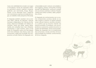 194
194
194 194
move uma viabilidade de conexão com jogos
e brincadeiras, formas de expressão artísti-
ca, patrimônio cultural: material e imaterial,
podendo usar Commands, Songs, Bingos,
Chants. Já em Educação Física, integra-se
com movimentos corporais, brincadeiras e jo-
gos, ao trabalhar verbs and parts of the body.
A integração também acontece com as de-
mais áreas: Ciências da Natureza, Ciências
Humanas e Matemática. Em Ciências da Na-
tureza, observa-se afinidade com hábitos ali-
mentares, foods and drinks, eating habits,
healthy and unhealthy food, meio ambiente,
environment e corpo humano, parts of the
body. Em Geografia, existe uma inter-relação
entre meio ambiente, vida urbana e vida rural,
environment, citylife and countrylife. No com-
ponente curricular História, há integração com
a diversidade social e cultural, comunidades e
seus registros, cultures, communities, knowing
yourself. Na Matemática, verifica-se conexão
com os números cardinais e ordinais e frações,
cardinal and ordinal numbers, dates, preposi-
tion of time.
A integração de conhecimentos com os ou-
tros componentes acontece devido ao ca-
ráter singular e extenso no âmbito pessoal,
social, cultural, histórico, científico, econômi-
co e político que se encontra inserido nas
práticas escolares. O professor, com sua ex-
periência e autonomia, poderá encontrar no
quadro de habilidades, várias outras possibi-
lidades de integração com os componentes
das outras áreas, criando caminhos, formas e
oportunidades de mobilizar conhecimentos,
de forma integrada.
 
