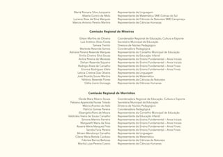 25
Marta Romana Silva Junqueira
Maerle Corino de Melo
Luciene Rosa da Silva Marques
Marcos Antonio Pereira Martins
Representante de Linguagem
Representante de Matemática SME Colinas do Sul
Representante de Ciências da Natureza SME Campinaçu
Representante de Ciências Humanas
Comissão Regional de Mineiros
Gilson Marfins de Oliveira
Luiz Antônio Alves Costa
Tamara Trentin
Marleide Resende Santos
Adriane Pereira Resende Marques
Emília Cristina Silva Sousa
Anilce Pereira de Menezes
Delvair Rezende Siqueira
Rodrigo Alves de Carvalho
Eronice Rodrigues Vilela
Letícia Cristina Dias Olveira
José Ricardo Sousa Martins
Niltônio Resende Flores
Clélia Lionis Gonzaga
Coordenador Regional de Educação, Cultura e Esporte
Secretário Municipal de Educação
Diretora de Núcleo Pedagógico
Coordenadora Pedagógica
Representante do Conselho Municipal de Educação
Representante da Educação Infantil
Representante do Ensino Fundamental – Anos Iniciais
Representante do Ensino Fundamental – Anos Iniciais
Representante do Ensino Fundamental – Anos Finais
Representante do Ensino Fundamental – Anos Finais
Representante de Linguagem
Representante de Matemática
Representante de Ciências da Natureza
Representante de Ciências Humanas
Comissão Regional de Morrinhos
Cleide Mara Ribeiro Souza
Fabiana Aparecida Nunes Toledo
Márcia Arantes do Vale
Patricia Gomes Pereira
Elizangela Alves de Moura
Valdicléia Vieira de Souza Carvalho
Simone Martins Ferreira
Margareth Maria da Silva
Rosana Maria Marques Pires
Sandra Faria Pereira
Miriam Mendonça Carvalho
Cilene Maria Batista Cardoso
Fabrisia Ramos Barbosa
Marilia Luiza Pereira Castro
Coordenadora Regional de Educação, Cultura e Esporte
Secretária Municipal de Educação
Diretora de Núcleo Pedagógico
Coordenadora Pedagógica
Representante do Conselho Municipal de Educação
Representante da Educação Infantil
Representante do Ensino Fundamental – Anos Iniciais
Representante do Ensino Fundamental – Anos Iniciais
Representante do Ensino Fundamental – Anos Finais
Representante do Ensino Fundamental – Anos Finais
Representante de Linguagem
Representante de Matemática
Representante de Ciências da Natureza
Representante de Ciências Humanas
 