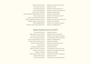 3 3 3
3
3
Gleise de Paula Assad
Henrique Lima Assis
		 Jane Alves de Souza
Leandro Breseghelo
Márcio Leite de Bessa
Maria Elisabeth Alves Mesquita Soares
Patrícia Lapot Costa
Paulo Cesar Soares de Oliveira
Ranib Aparecida dos Santos Lopes
Rodrigo Melo e Cunha Santos
Maria Magda Ribeiro
Marlene Aparecida da Silva Faria
Redatora de Educação Infantil
Redator de Arte
Redatora de Educação Física
Redator de Ciências da Natureza
Redator de Matemática
Redatora de Geografia
Redatora de Educação Infantil
Redator de História
Redatora de Ciências da Natureza
Redator de Geografia
Redatora de Língua Portuguesa
Redatora de Matemática
Equipe Ampliada de Currículo 2019
Aissi Kárita da Silva
Allex Neiva Pereira da Silva
Ana Cristina Pereira Diniz
Ana Lucia Lopes Sarmento
Brunno Antonelle Vieira Costa
Carlete Fatima da Silva Victor
Caroline Lemes Feliciano
Cíntia Camilo
Claudia Cardoso Barreto
Débora Cristine Camargos
Débora Cunha Freire
Delubia S. Matias
Edilene Paiva Costa e Silva
Edimar Pereira Silva
Edna Eloi de Araújo
Redatora de Arte
Redator de Educação Física
Redatora de Língua Portuguesa
Coordenadora dos Anos Iniciais
Redator de Matemática
Redatora de Inglês
Redatora de Educação Física
Coordenação geral
Redatora de Arte
Coordenadora dos Anos Finais
Redatora de Língua Portuguesa
Redatora de Inglês
Redatora de Língua Portuguesa
Redator de Arte
Redatora de Língua Portuguesa
 