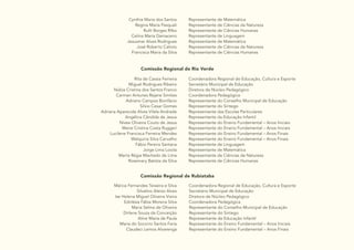 31
Cynthia Maria dos Santos
Regina Maria Pasquali
Ruth Borges Rilko
Celina Maria Damaceno
Jesusmar Alves Rodrigues
José Roberto Calixto
Francisca Maria da Silva
Representante de Matemática
Representante de Ciências da Natureza
Representante de Ciências Humanas
Representante de Linguagem
Representante de Matemática
Representante de Ciências da Natureza
Representante de Ciências Humanas
Comissão Regional de Rio Verde
Rita de Cassia Ferreira
Miguel Rodrigues Ribeiro
Núbia Cristina dos Santos Franco
Carmen Antunes Rejane Simões
Adriano Campos Bonifácio
Silvio Cesar Gomes
Adriana Aparecida Alves Vilela Andrade
Angélica Cândida de Jesus
Nívea Oliveira Couto de Jesus
Meire Cristina Costa Ruggeri
Lucilene Francisca Ferreira Mendes
Walquiria Silva Carvalho
Fábio Pereira Santana
Jorge Lima Loiola
Marta Régia Machado de Lima
Rosemary Batista da Silva
Coordenadora Regional de Educação, Cultura e Esporte
Secretário Municipal de Educação
Diretora de Núcleo Pedagógico
Coordenadora Pedagógica
Representante do Conselho Municipal de Educação
Representante do Sintego
Representante das Escolas Particulares
Representante da Educação Infantil
Representante do Ensino Fundamental – Anos Iniciais
Representante do Ensino Fundamental – Anos Iniciais
Representante do Ensino Fundamental – Anos Finais
Representante do Ensino Fundamental – Anos Finais
Representante de Linguagem
Representante de Matemática
Representante de Ciências da Natureza
Representante de Ciências Humanas
Comissão Regional de Rubiataba
Márcia Fernandes Teixeira e Silva
Silvalino Aleixo Alves
Ise Helena Miguel Oliveira Vieira
Edclésia Fábia Moreira Silva
Maria Selma de Oliveira
Dirlene Souza da Conceição
Aline Maria de Paula
Maria do Socorro Santos Faria
Claudeci Lemos Alvarenga
Coordenadora Regional de Educação, Cultura e Esporte
Secretário Municipal de Educação
Diretora de Núcleo Pedagógico
Coordenadora Pedagógica
Representante do Conselho Municipal de Educação
Representante do Sintego
Representante da Educação Infantil
Representante do Ensino Fundamental – Anos Iniciais
Representante do Ensino Fundamental – Anos Finais
 
