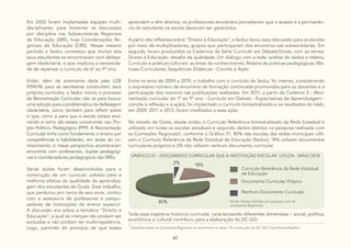 47
Em 2002 foram implantadas equipes multi-
disciplinares, para fomentar as discussões
por disciplina nas Subsecretarias Regionais
de Educação (SRE), hoje Coordenações Re-
gionais de Educação (CRE). Nesse mesmo
período a Seduc constatou que muitos dos
seus estudantes se encontravam com defasa-
gem idade/série, o que implicou a necessida-
de de repensar o currículo de 6º ao 9º ano.
Então, além da autonomia dada pela LDB
9394/96 para as secretarias construírem seus
próprios currículos, a Seduc iniciou o processo
da Reorientação Curricular, não só para buscar
uma solução para a problemática da defasagem
idade/série, como também para refletir sobre
o que, como e para que a escola estava ensi-
nando e como ela estava construindo seu Pro-
jeto Político- Pedagógico (PPP). A Reorientação
Curricular tinha como fundamento o ensino por
competências e habilidades, em áreas do co-
nhecimento, e nessa perspectiva aconteceram
encontros com professores, duplas pedagógi-
cas e coordenadores pedagógicos das SREs.
Várias ações foram desenvolvidas para a
construção de um currículo voltado para a
melhoria efetiva da qualidade da aprendiza-
gem dos estudantes de Goiás. Esse trabalho,
que perdurou por cerca de seis anos, contou
com a assessoria de professores e pesqui-
sadores de instituições do ensino superior.
A discussão era sobre a temática “Direito à
Educação”, a qual as crianças não podiam ser
excluídas e não podiam ter multirrepetência.
Logo, partindo do princípio de que todos
aprendem e têm direitos, os profissionais envolvidos perceberam que o acesso e a permanên-
cia do estudante na escola deveriam ser garantidos.
A partir das reflexões sobre “Direito à Educação”, a Seduc levou essa discussão para as escolas
por meio de multiplicadores, grupos que participaram dos encontros nas subsecretarias. Em
seguida, foram produzidos os Cadernos da Série Currículo em Debate/Goiás, com os temas:
Direito à Educação: desafio da qualidade; Um diálogo com a rede: análise de dados e relatos;
Currículo e práticas culturais: as áreas do conhecimento; Relatos de práticas pedagógicas; Ma-
trizes Curriculares; Sequências Didáticas - Convite à Ação.
Entre os anos de 2004 a 2010, o trabalho com o currículo da Seduc foi intenso, considerando
o expressivo número de encontros de formação continuada promovidos para os docentes e a
participação dos mesmos nas publicações realizadas. Em 2011, a partir do Caderno 5 - (Reo-
rientação curricular do 1º ao 9º ano - Currículo em Debate - Expectativas de Aprendizagem -
convite à reflexão e à ação), foi implantado o currículo bimestralizado e os resultados do Ideb,
em 2009, 2011 e 2013, foram creditados a essa ação.
No estado de Goiás, desde então, o Currículo Referência bimestralizado da Rede Estadual é
utilizado em todas as escolas estaduais e segundo dados obtidos na pesquisa realizada com
as Comissões Regionais1, conforme o Gráfico 01, 80% das escolas das redes municipais utili-
zam o Currículo Referência da Rede Estadual de Educação (Seduc), 18% utilizam documentos
curriculares próprios e 2% não utilizam nenhum documento curricular.
1
Detalhes sobre as Comissões Regionais se encontram no texto “A construção do DC-GO: Caminhos trilhados”.
GRÁFICO 01 - DOCUMENTO CURRICULAR QUE A INSTITUIÇÃO ESCOLAR UTILIZA - MAIO 2018
Currículo Referência da Rede Estadual
de Educação
Documento Curricular Próprio
Nenhum Documento Curricular
Fonte: Dados obtidos em pesquisa com as
Comissões Regionais.
Toda essa trajetória histórica curricular, caracterizando diferentes dimensões – social, política,
econômica e cultural contribuiu para a elaboração do DC-GO.
 
