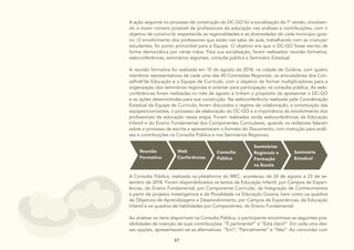 61
A ação seguinte no processo de construção do DC-GO foi a socialização da 1ª versão, envolven-
do o maior número possível de profissionais da educação nas análises e contribuições, com o
objetivo de construí-lo respeitando as regionalidades e as diversidades de cada município goia-
no. O envolvimento dos professores que estão nas salas de aula, trabalhando com as crianças/
estudantes, foi ponto primordial para a Equipe. O objetivo era que o DC-GO fosse escrito de
forma democrática por várias mãos. Para sua socialização, foram realizados: reunião formativa,
webconferências, seminários regionais, consulta pública e Seminário Estadual.
A reunião formativa foi realizada em 15 de agosto de 2018, na cidade de Goiânia, com quatro
membros representativos de cada uma das 40 Comissões Regionais, os articuladores dos Con-
selhos de Educação e a Equipe de Currículo, com o objetivo de formar multiplicadores para a
organização dos seminários regionais e orientar para participação na consulta pública. As web-
conferências foram realizadas no mês de agosto e tinham o propósito de apresentar o DC-GO
e as ações desenvolvidas para sua construção. Na webconferência realizada pela Coordenação
Estadual da Equipe de Currículo, foram discutidos o regime de colaboração, a constituição das
equipes/comissões, o processo de elaboração do DC-GO e a importância do envolvimento dos
profissionais da educação nessa etapa. Foram realizadas ainda webconferências da Educação
Infantil e do Ensino Fundamental dos Componentes Curriculares, quando os redatores falaram
sobre o processo de escrita e apresentaram o formato do Documento, com instrução para análi-
ses e contribuições na Consulta Pública e nos Seminários Regionais.
Reunião
Formativa
Consulta
Pública
Seminários
Regionais e
Formação
na Escola
Seminário
Estadual
Web
Conferências
A Consulta Pública, realizada na plataforma do MEC, aconteceu de 24 de agosto a 23 de se-
tembro de 2018. Foram disponibilizados os textos da Educação Infantil, por Campos de Experi-
ências, do Ensino Fundamental, por Componente Curricular, da Integração de Conhecimentos
a partir de projetos investigativos e da Pluralidade na Educação Goiana, bem como os quadros
de Objetivos de Aprendizagens e Desenvolvimento, por Campos de Experiências, da Educação
Infantil e os quadros de habilidades por Componentes, do Ensino Fundamental.
Ao analisar os itens disponíveis na Consulta Pública, o participante encontrava as seguintes pos-
sibilidades de inserção de suas contribuições: “É pertinente?” e “Está claro?”. Em cada uma des-
sas opções, apresentavam-se as alternativas: “Sim”; “Parcialmente” e “Não”. Ao concordar com
 