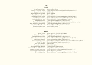 7
Arte
Teatro
Karine Ramaldes Vieira
Vanessa Cardoso de Freitas
Gustavo H. dos S. Vale
Angelo Aparecido Machado
Marcelo Feconde de Faria
Nicolas Bernardo de Araújo
Edson Douglas Leal Silva
José Martins Ramos Neto
Edimar Pereira Silva
Ticiana Ramos S. Aguiar
Mara Veloso de Oliveira Barros
Renata Valério Póvoa Curado
Marcelo Neisinger Flores
SMEC Goiânia / Seduc
Centro de Ensino Período Integral (Cepi) Parque Santa Cruz
SMEC Goiânia
Seduc / Itaberaí
Seduc / Itaberaí
Centro de Ensino Período Integral (Cepi) Lousinha Carvalho
Centro de Ensino Período Integral (Cepi) Francisco M. Dantas
Centro de Ensino Período Integral (Cepi) Finsocial
Centro de Estudo e Pesquisa Ciranda da Arte
Colégio Estadual da Policia Militar de Goiás Unidade Airton Senna
Centro de Estudo e Pesquisa Ciranda da Arte
Centro de Estudo e Pesquisa Ciranda da Arte
SMEC Goiânia / Seduc
Música
Renato Borges
Michelle Karen Teixeira
Mancessér Barros Aragão
Gilmar dos Santos Lourenço
Everton Luiz de Matos
Ciomara Camilo de Castro
Aline Folly Faria
Igor Viana Monteiro
Flaviane de Jesus Silva
Ricardo Rodrigues de Sousa
Alessandra Nunes de Castro Silva
Wagston Dorneles Gaus Alves
Viviane Cristina Drogomirecki
Zirlene Braz da Silva
Escola Municipal Joaquim Câmara Filho
Colégio Estadual Presidente Artur
Centro de Estudo e Pesquisa Ciranda da Arte
Centro de Ensino Período Integral (Cepi) Lousinha Candido
Centro de Estudo e Pesquisa Ciranda da Arte
Colégio Estadual da Policia Militar de Goiás Unidade Maria Heleny Perillo
Centro de Estudo e Pesquisa Ciranda da Arte
SMEC Goiânia
Semec de Anápolis
Colégio Estadual José Honorato
Colégio Estadual Gonçalves Lêdo
Centro de Ensino Período Integral (Cepi) Dom Abel – SPL
Escola Municipal Rui Barbosa
Centro de Ensino Período Integral (Cepi) Andrelino R. Morais
 
