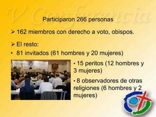 Participaron 266 personas

 162 miembros con derecho a voto, obispos.

 El resto:
• 81 invitados (61 hombres y 20 mujeres)
                      • 15 peritos (12 hombres y
                      3 mujeres)
                      • 8 observadores de otras
                      religiones (6 hombres y 2
                      mujeres)
 