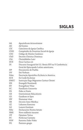 SIGLAS


AA	        Apostolicam Actuositatem
AG 	       Ad Gentes
CIC	       Catecismo da Igreja Católica
CDSI	      Compêndio da Doutrina Social da Igreja
CDC 	      Código de Direito Canônico
ChD 	      Decreto Christus Dominus
ChL 	      Christifideles Laici
DCE 	      Deus Caritas est
Dl  	      Discurso Inaugural de S.S. Bento XVI na V Conferência 	   	
	          Geral do Episcopado Latino-americano.
DP  	      Documento de Puebla
DV  	      Dei Verbum
EAm    	   Exortação Apostólica Ecclesia in América.
ECE 	      Ex Corde Ecclesiae
EMCC  	    Instrução Erga Migrantes Caritas Christi
EN  	      Evangelii Nuntiandi
EV  	      Evangelium Vitae
FC  	      Familiaris Consortio
FR  	      Fides et Ratio
GE 	       Gravissimum Educationis
GS  	      Gaudium et Spes
HV 	       Humanae vitae
IM  	      Decreto Inter Mirifica
LÊ  	      Laborem Exercens
LG  	      Lumen Gentium
NAe 	      Declaración Nostra Aetate
NMI 	      Novo millenio ineunte
OT  	      Optatam Totius
PC  	      Perfectae Caritatis
PDV    	   Pastores Dabo Vobis
PG 	       Pastores gregis
 