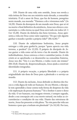 64                                         CELAM


     109. Diante de uma vida sem sentido, Jesus nos revela a
vida íntima de Deus em seu mistério mais elevado, a comunhão
trinitária. É tal o amor de Deus, que faz do homem, peregrino
neste mundo, sua morada: “Viremos a ele e viveremos nele” (Jo
14,23). Diante do desespero de um mundo sem Deus, que só vê
na morte o final definitivo da existência, Jesus nos oferece a res-
surreição e a vida eterna na qual Deus será tudo em todos (cf. 1
Cor 15,28). Diante da idolatria dos bens terrenos, Jesus apre-
senta a vida em Deus como valor supremo: “De que vale alguém
ganhar o mundo e perder a própria vida?” (Mc 8,36).47
     110. Diante do subjetivismo hedonista, Jesus propõe
entregar a vida para ganhá-la, porque “quem aprecia sua vida
terrena, a perderá” (Jo 12,25). É próprio do discípulo de Je-
sus gastar a vida como sal da terra e luz do mundo. Diante do
indivi­dualismo, Jesus convoca a viver e caminhar juntos. A vida
cristã só se aprofunda e se desenvolve na comunhão fraterna.
Jesus nos diz: “Um é o seu Mestre, e todos vocês são irmãos”
(Mt 23,8). Diante da  despersonalização, Jesus ajuda a construir
identidades integradas.

     111. A própria vocação, a própria liberdade e a própria     
originalidade são dons de Deus para a plenitude e o serviço ao
mundo.

     112. Diante da exclusão, Jesus defende os direitos dos fra-
cos e a vida digna de todo ser humano. De seu Mestre, o discípu-
lo tem aprendido a lutar contra toda forma de desprezo da vida
e de exploração da pessoa humana.48 Só o Senhor é autor e dono
da vida. O ser humano, sua imagem vivente, é sempre sagrado,
desde a sua concepção até a sua morte natural, em todas as cir-
cunstâncias e condições de sua vida. Diante das estruturas de
morte, Jesus faz presente a vida plena. “Eu vim para dar vida aos
homens e para que a tenham em plenitude” (Jo 10,10). Por isso,

     47
          Cf. EN 8.
     48
          Cf. Bento XVI, Mensagem para a Quaresma, 2007.
 