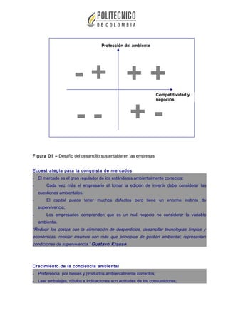 Figura 01 – Desafío del desarrollo sustentable en las empresas
Ecoestrategia para la conquista de mercados
- El mercado es el gran regulador de los estándares ambientalmente correctos;
- Cada vez más el empresario al tomar la edición de invertir debe considerar las
cuestiones ambientales.
- El capital puede tener muchos defectos pero tiene un enorme instinto de
supervivencia;
- Los empresarios comprenden que es un mal negocio no considerar la variable
ambiental.
“Reducir los costos con la eliminación de desperdicios, desarrollar tecnologías limpias y
económicas, reciclar insumos son más que principios de gestión ambiental; representan
condiciones de supervivencia.” Gustavo Krause
Crecimiento de la conciencia ambiental
- Preferencia por bienes y productos ambientalmente correctos;
- Leer embalajes, rótulos e indicaciones son actitudes de los consumidores;
Protección del ambiente
+ +
+ -
- +
- -
Competitividad y
negocios
 