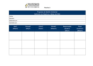 Planilla 3
Programa de Gestión Ambiental
Definición de Objetivos y Metas del SGA
Fecha:
Revisión:
Elaborado por:
Aprobado por:
Qué?
(What?)
Porqué?
(Why?)
Cómo?
(How?)
Dónde?
(Where?)
Responsable
(Quién?)
(Who?)
Plazo
(Cuándo?)
(When?)
 