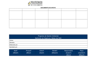 DOCUMENTO DE APOYO
Programa de Gestión Ambiental
Definición de Objetivos y Metas del SGA
Fecha:
Revisión:
Elaborado por:
Aprobado por:
Qué?
(What?)
Porqué?
(Why?)
Cómo?
(How?)
Dónde?
(Where?)
Responsable
(Quién?)
(Who?)
Plazo
(Cuándo?)
(When?)
 