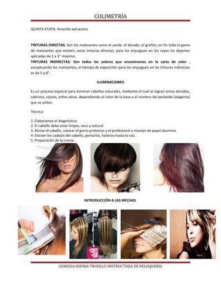 COLIMETRÍA
QUINTA ETAPA: Amarillo extraclaro.
TINTURAS DIRECTAS: Son los matizantes como el verde, el dorado, el grafito, en fin toda la gama
de matizantes que existen, estas tinturas directas, para los enjuagues en los rayos las dejamos
aplicadas de 1 a 3” máximo.
TINTURAS INDIRECTAS: Son todos los colores que encontramos en la carta de color ,
exceptuando los matizantes, el tiempo de exposición para los enjuagues en las tinturas indirectas
es de 5 a 0”.
ILUMINACIONES
Es un proceso especial para iluminar cabellos naturales, mediante el cual se logran tonos dorados,
cobrizos, rojizos, entre otros, dependiendo el color de la base y el número del peróxido (oxigenta)
que se utilice.
Técnica:
1. Elaboramos el diagnóstico.
2. El cabello debe estar limpio, seco y natural
3. Peinar el cabello, colocar el gorro protector y el profesional o manejo de papel aluminio.
4. Extraer los cadejos del cabello, peinarlos, halarlos hasta la raíz.
5. Preparación de la crema.
INTRODUCCIÓN A LAS MECHAS
CENEIDA OSPINA TRUJILLO INSTRUCTORA DE PELUQUERIA
 