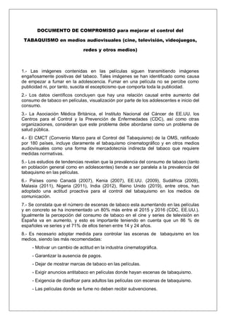DOCUMENTO DE COMPROMISO para mejorar el control del
TABAQUISMO en medios audiovisuales (cine, televisión, videojuegos,
red...