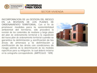 SECTOR VIVIENDA
INCORPORACION DE LA GESTION DEL RIESGO
EN LA REVISION DE LOS PLANES DE
ORDENAMIENTO TERRITORIAL. Con el fin de
promover medidas para la sostenibilidad
ambiental del territorio, sólo procederá la
revisión de los contenidos de mediano y largo plazo
del plan de ordenamiento territorial o la expedición
del nuevo plan de ordenamiento territorial cuando se
garantice la delimitación y zonificación de las
áreas de amenaza y la delimitación y
zonificación de las áreas con condiciones de
riesgo además de la determinación de las medidas
específicas para su mitigación, la cual deberá incluirse
en la cartografía correspondiente. (ARTÍCULO 189)
 