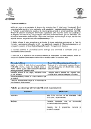 Encuentros Académicos

Asistencia y apoyo en la organización de al menos dos encuentros, (uno (1) virtual y uno (1) presencial). En el
encuentro virtual se abordarán temas relacionados con la organización y logística propias del desarrollo de la Etapa
de Formación y Acompañamiento Educativo. El encuentro presencial será de carácter académico entre CPE,
Ministerio de Educación Nacional y las Universidades adjudicatarias. Estos encuentros tendrán una duración de un
(1) día para el encuentro virtual y dos (2) días para el encuentro presencial durante la ejecución del contrato. Este
encuentro lo desarrollará la Universidad que Computadores para Educar elija entre las que se hayan postulado para
organizar el mismo; la agenda de este evento será establecida por CPE.

El objetivo principal de estos encuentros es la discusión de temas académicos relevantes para la Etapa de
Formación y Acompañamiento Educativo de CPE y para la política de integración de TIC en contextos escolares, así
como para la evaluación del desarrollo de la Etapa de Formación y Acompañamiento Educativo.

Al encuentro académico de Universidades deberan asistir por cada Universidad, el coordinador general y el
coordinador académico o temático.

El costo total de la organización del encuentro académico de universidades (que será presencial) deberá ser
asumido por todas las Universidades de manera diferencial según aparece en la siguiente tabla:


Universidad anfitriona                                        Demás Universidades asistentes al Encuentro
Alquiler o provisión de salón (es) con capacidad para         Hospedaje de los asistentes del equipo coordinador,
treinta (30) personas, equipos de cómputo, acceso a           que incluye desayuno y cena durante todos los días
Internet y demás ayudas audiovisuales como videobeam,         que dure el evento.
tablero y marcadores que se requieran
Refrigerios, estación de café y agua y almuerzos durante      Transporte aéreo o terrestre, ida y regreso, para
los días del evento                                           cada uno de los asistentes del equipo coordinador.
Gastos de papelería y material de trabajo o de lectura que
se requieran
Transporte terrestre desde el lugar de encuentro hasta el
lugar del evento, si es necesario.


Productos que debe entregar la Universidad a CPE durante el acompañamiento

                      ACTIVIDAD                                                  ENTREGABLE

Alistamiento                                                 Actas de las reuniones con las autoridades locales
                                                             (municipales y departamentales)

Nivelación                                                   Evaluación diagnóstica inicial de         competencias
                                                             (momento de apropiación personal)

                                                             Evaluación final de competencias (momento de
                                                             apropiación personal)
 