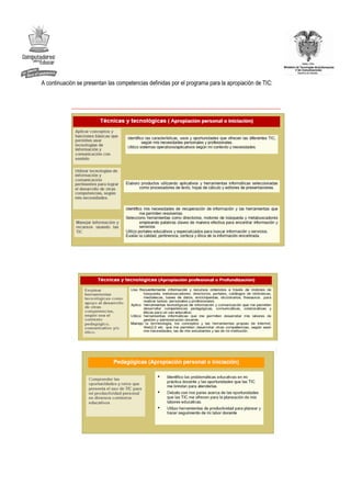 A continuación se presentan las competencias definidas por el programa para la apropiación de TIC:
 
