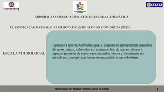 PROFESSORA DRª ROSANA TORRINHA SILVA DE FARIAS
ABORDAGENS SOBRE O CONCEITO DE ESCALA GEOGRÁFICA
CLASSIFICAÇÃO DAS ESCALAS GEOGRÁFICAS DE ACORDO COM SOUZA (2013)
ESCALA MICROLOCAL
1
Equivale a recortes territoriais que, a despeito de apresentarem tamanhos
diversos, teriam, todos eles, em comum o fato de que se referem a
espaços passíveis de serem experenciados intensa e diretamente no
quotidiano, exemplo um bairro, um quarteirão e um sub-bairro.
 