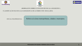 PROFESSORA DRª ROSANA TORRINHA SILVA DE FARIAS
ABORDAGENS SOBRE O CONCEITO DE ESCALA GEOGRÁFICA
CLASSIFICAÇÃO DAS ESCALAS GEOGRÁFICAS DE ACORDO COM SOUZA (2013)
ESCALA MACROLOCAL:
1
Refere-se às áreas metropolitanas, cidades e municípios.
 