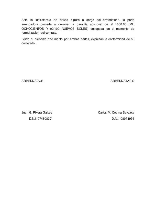 Documento de fin de contrato de arrendamiento